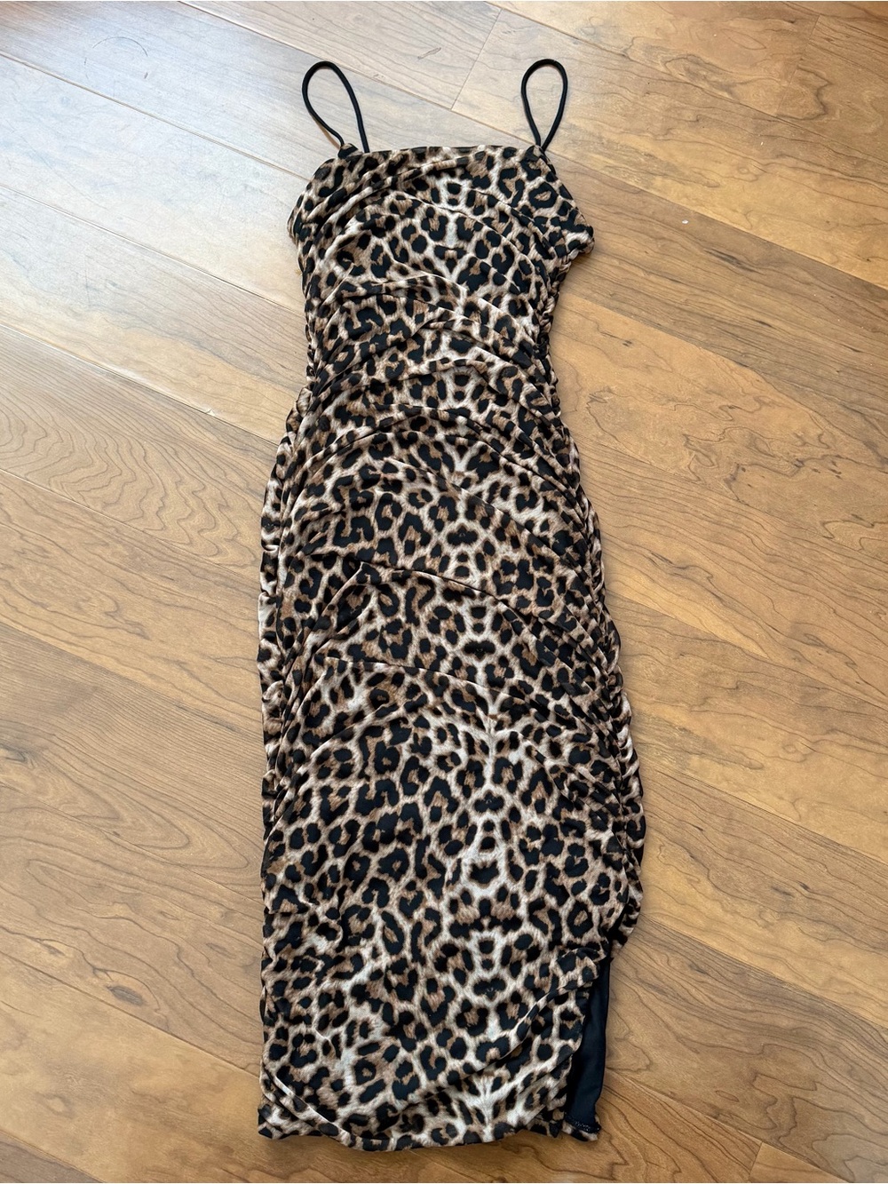 Leopard Print Bodycon‎ Ruched Maxi Slip Dress Cowl Neck Spaghetti Straps Sheer S